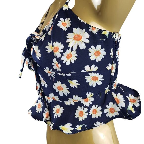 idem ditto Small Black Daisy Crop Top Smocked Peplum Adjustable Straps Bow Tie - Picture 5 of 13